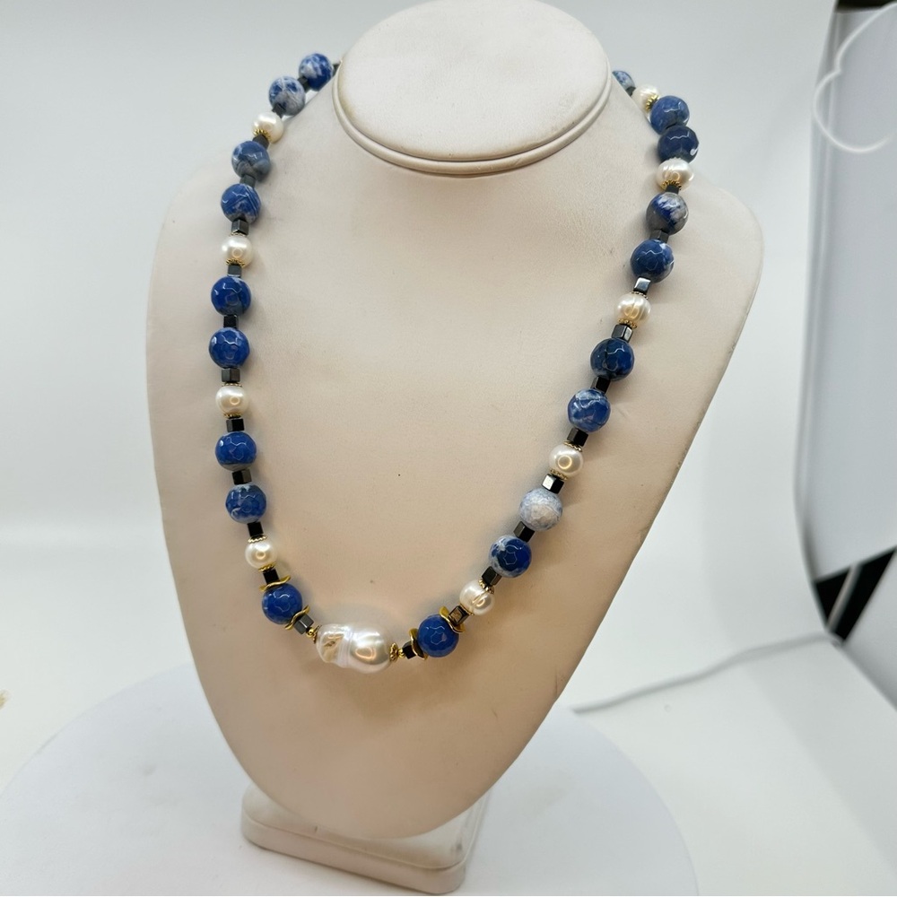 N001 New Handmade Freshwater Pearls & Natural Sodalite Faceted Gemstone